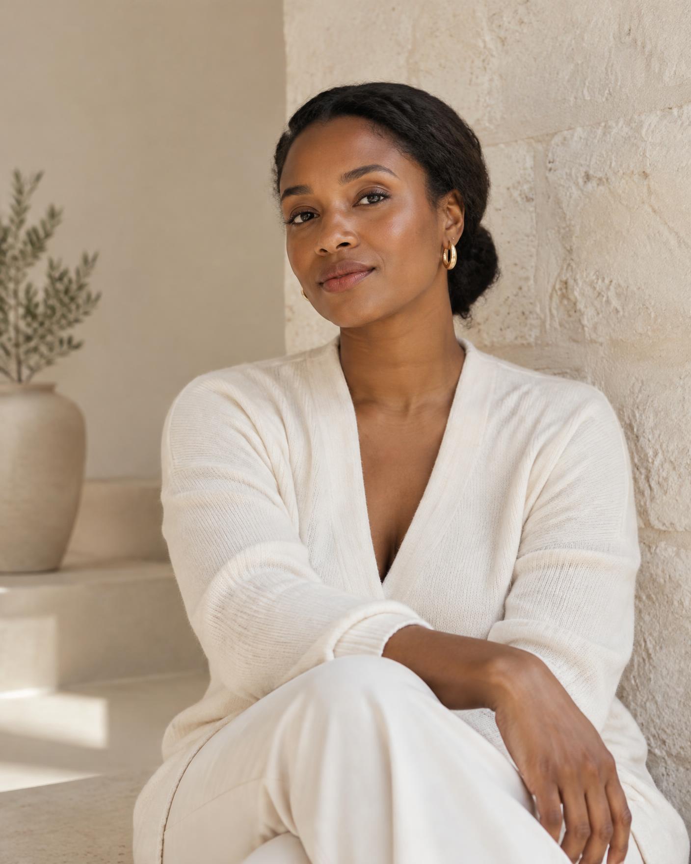 Zander founder Rachael seated in warm daylight beside a limestone wall