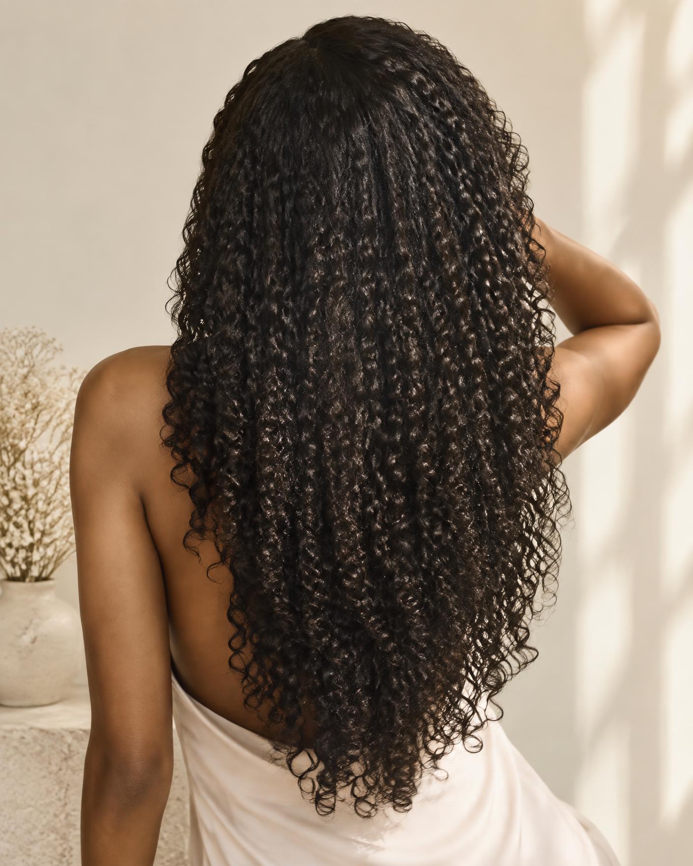 Back view of long healthy natural coily hair in soft daylight