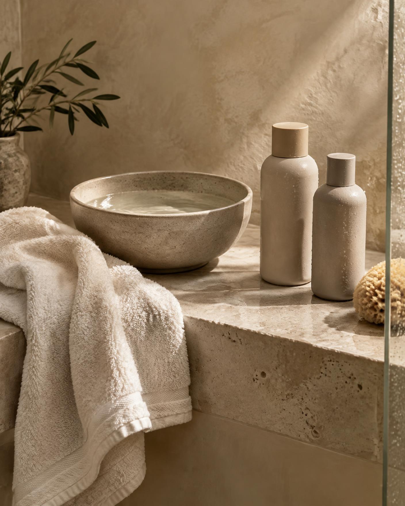 Wash day setup with ivory towel, ceramic bowl and haircare bottles on a limestone ledge