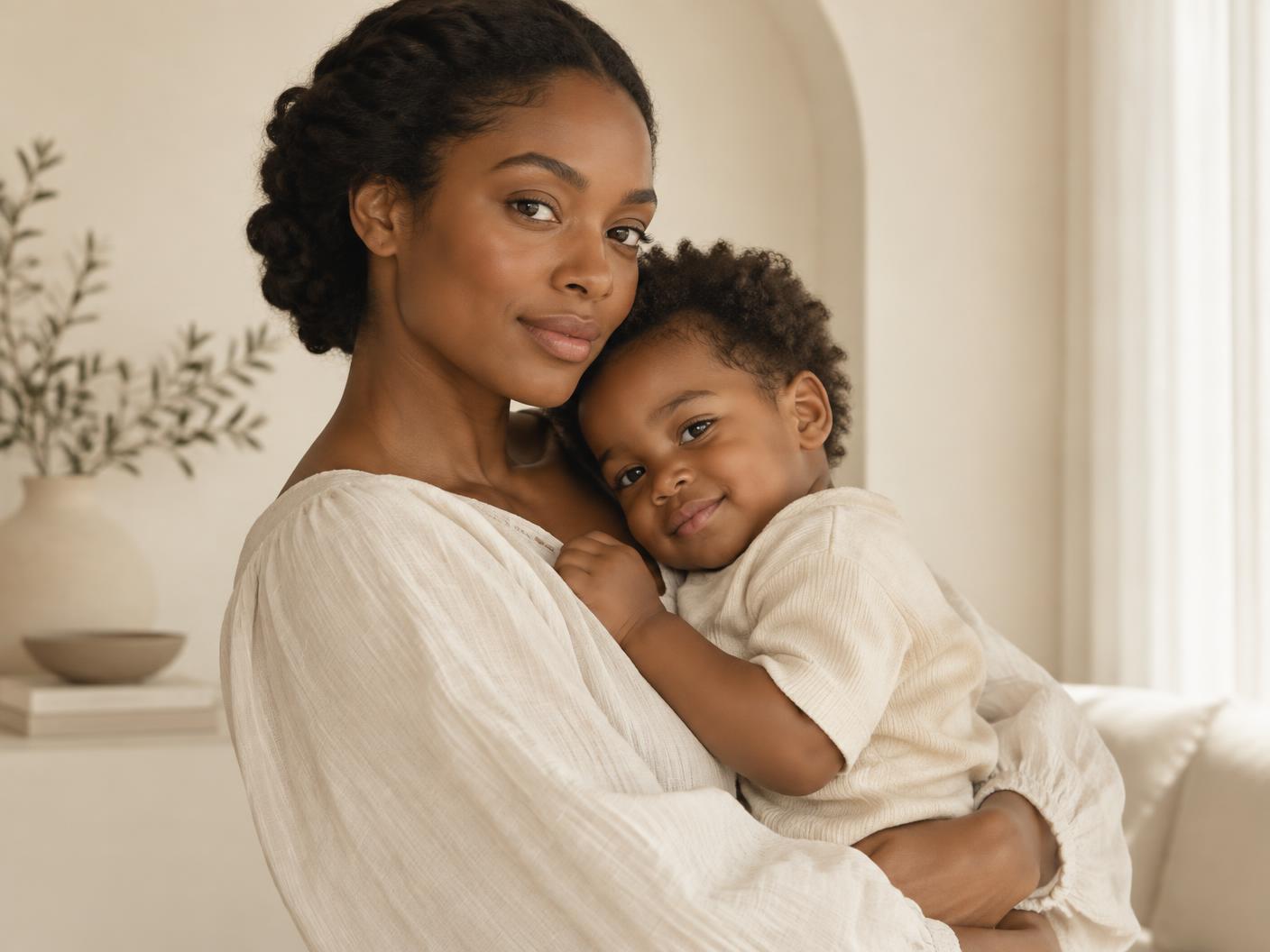 Zander founder Rachael holding her son in a warm ivory room