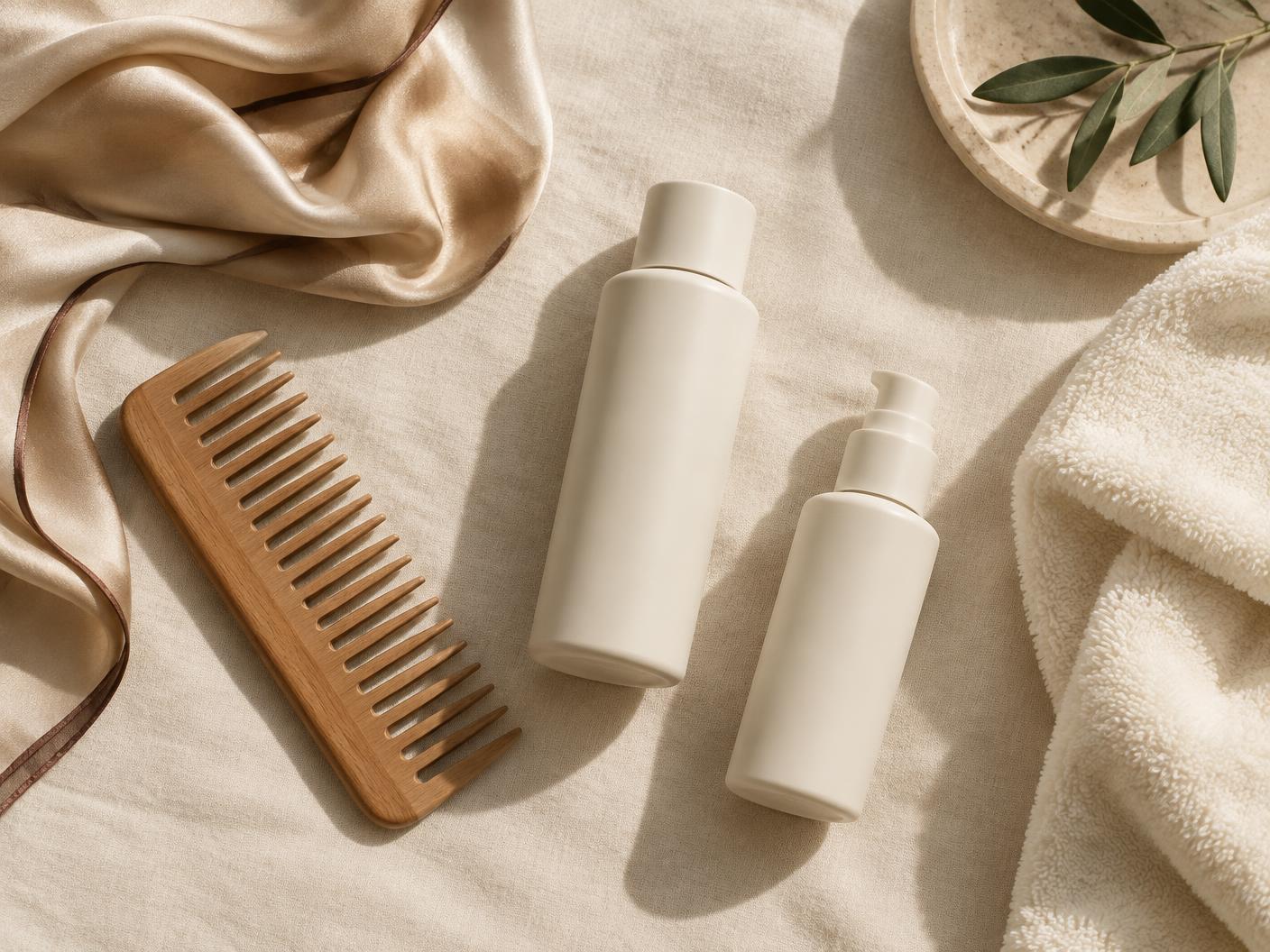 Editorial flat lay with a wide tooth comb, silk scarf, towel and two haircare bottles on ivory linen