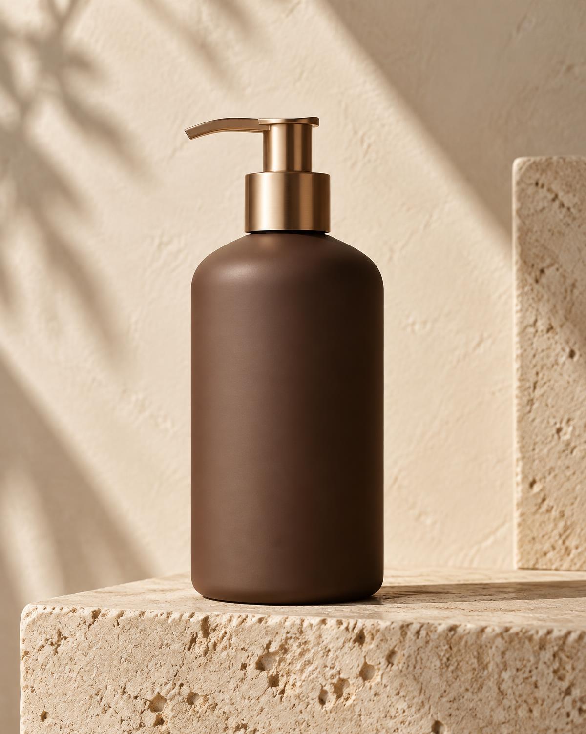 Matte cocoa brown Zander Moisture Restore conditioner bottle with champagne gold pump on limestone