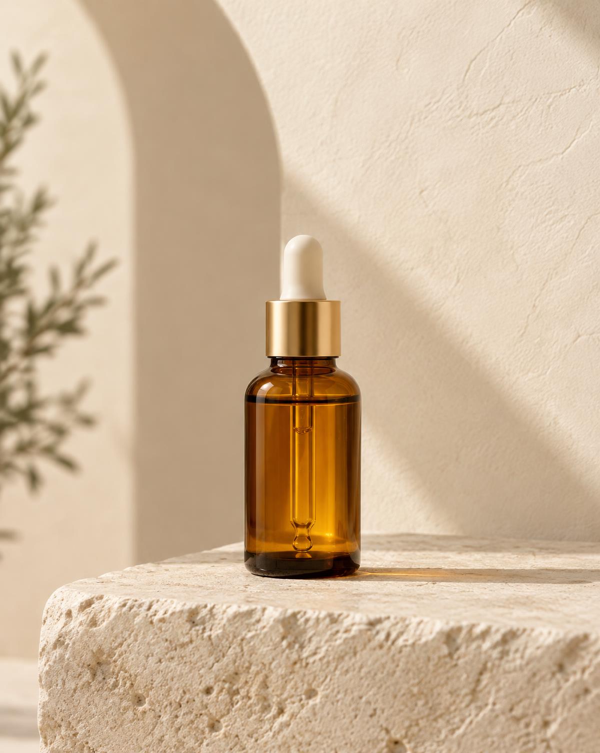 Amber glass Zander Root Revival growth serum dropper bottle with champagne gold collar on limestone