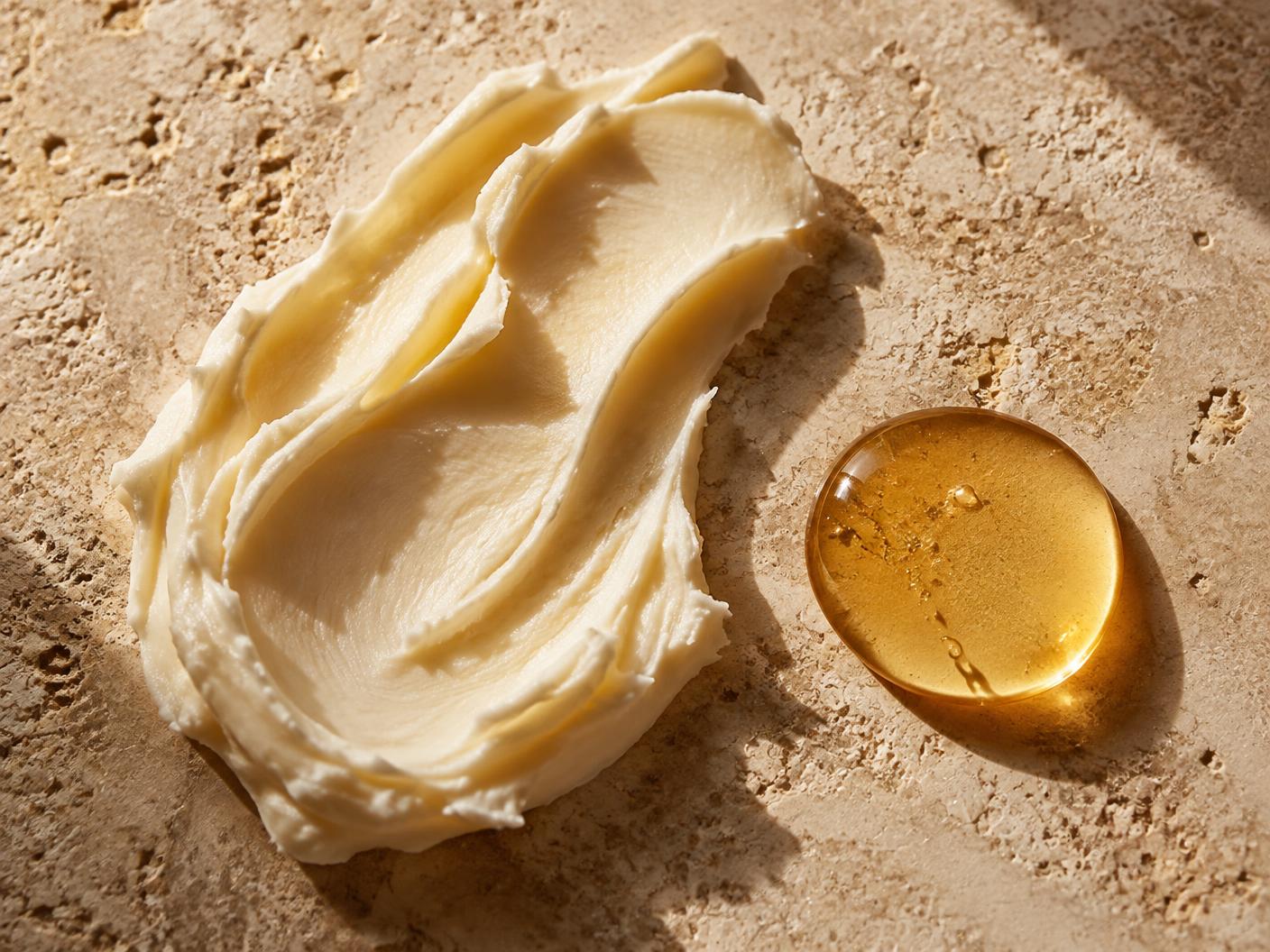 Whipped shea butter texture swatched on a limestone surface